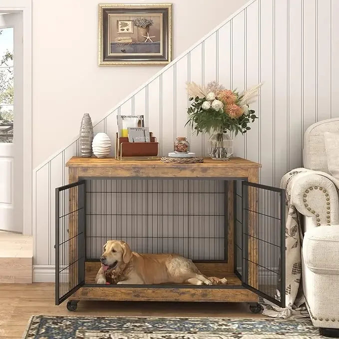 Dog Crate Furniture, Wooden Dog Crate Table, 31.5" Dog Kennel with 3 Doors, Flip-up Top Opening and Wheels