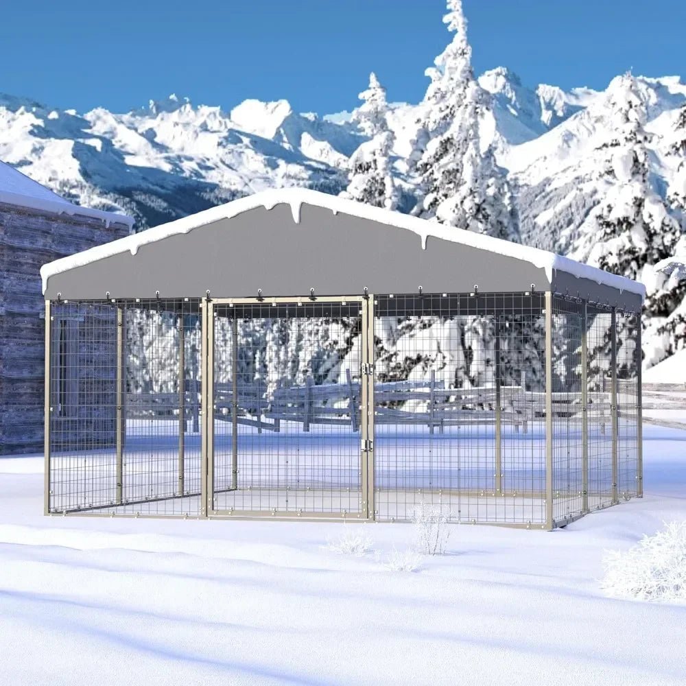 Large Outdoor Dog Kennel, Heavy Duty Dog Cage with Roof, Galvanized Steel Dog Kennel Fence with Double Safety Locks, Kennels