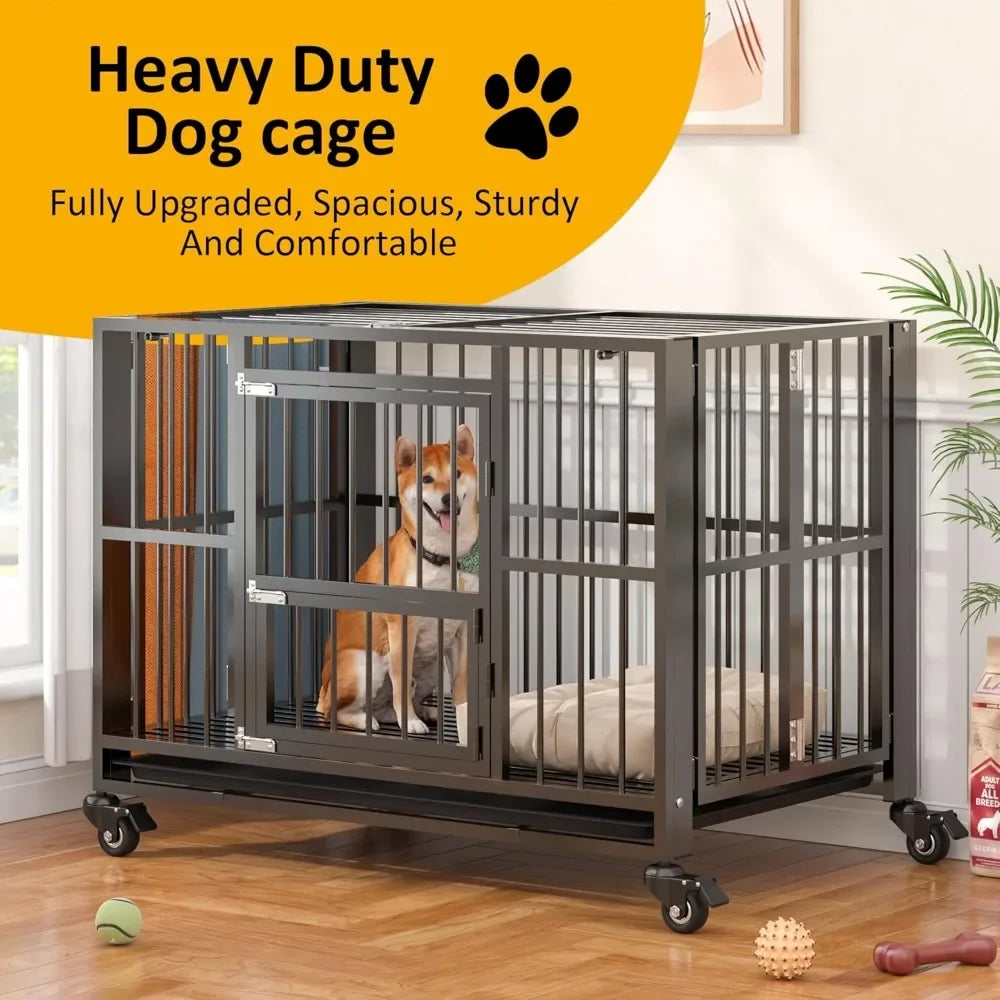 Heavy Duty Dog Crate, Folding Dog Kennel No Assembly, Escape Proof Large Dog Cage Kennel with Lockable Wheels