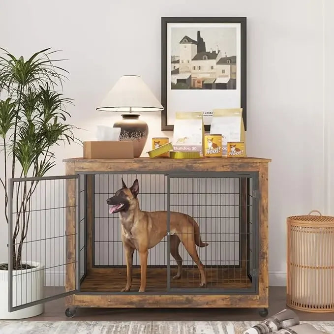Dog Crate Furniture, Wooden Dog Crate Table, 31.5" Dog Kennel with 3 Doors, Flip-up Top Opening and Wheels