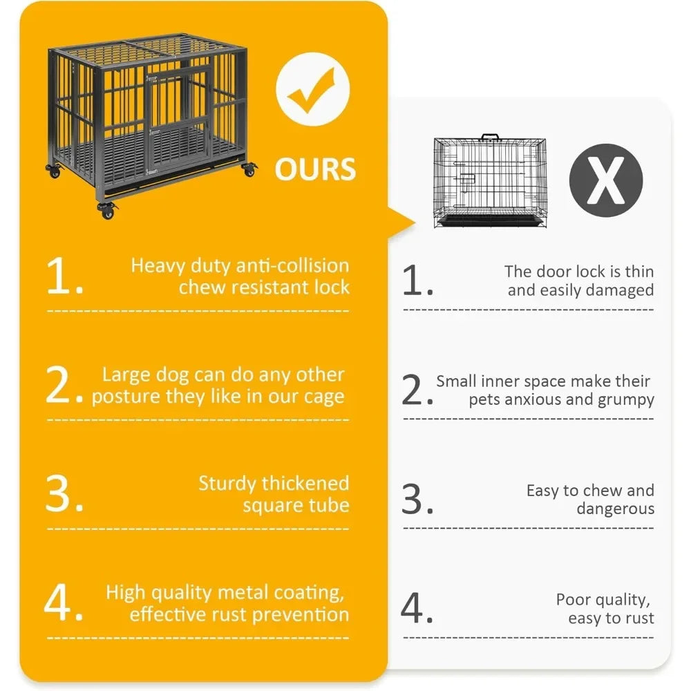 Heavy Duty Dog Crate, Folding Dog Kennel No Assembly, Escape Proof Large Dog Cage Kennel with Lockable Wheels