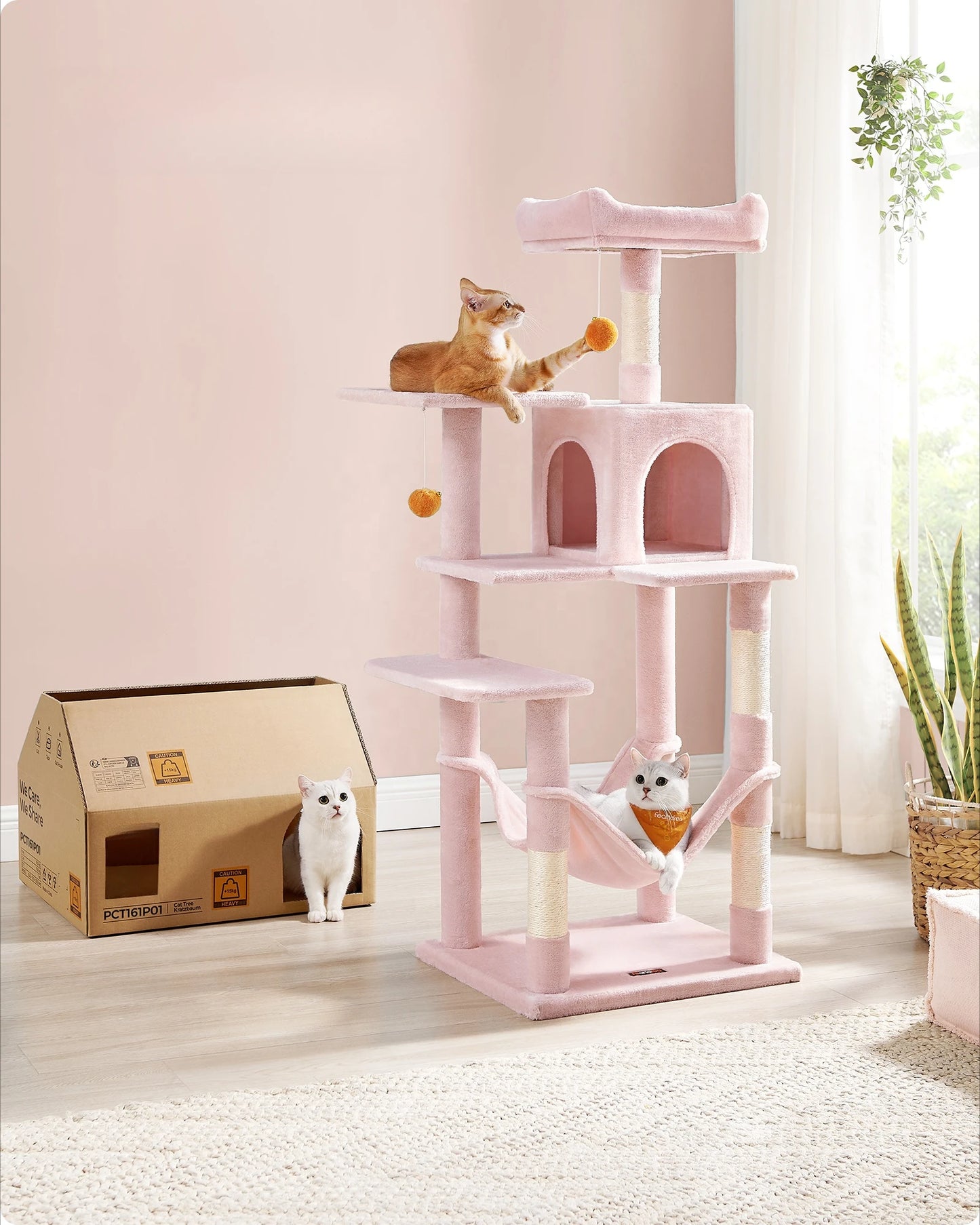 Feandrea pink Large Multi-level Cat Trees & Scratcher with Hammock Luxury Wood Pet Cat Tree Tower