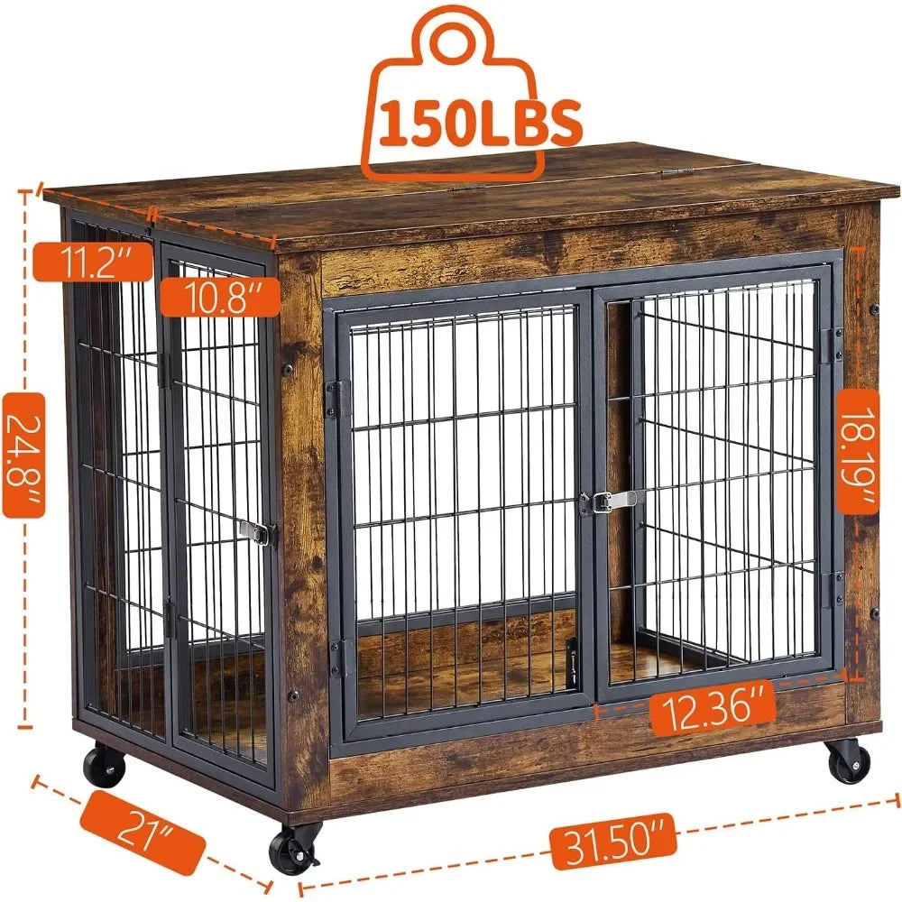 Dog Crate Furniture, Wooden Dog Crate Table, 31.5" Dog Kennel with 3 Doors, Flip-up Top Opening and Wheels