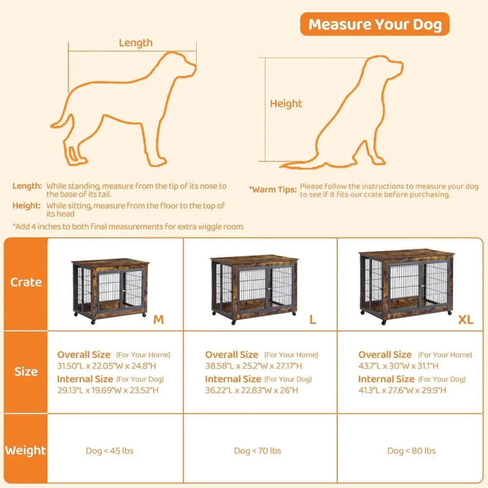Dog Crate Furniture, Wooden Dog Crate Table, 31.5" Dog Kennel with 3 Doors, Flip-up Top Opening and Wheels