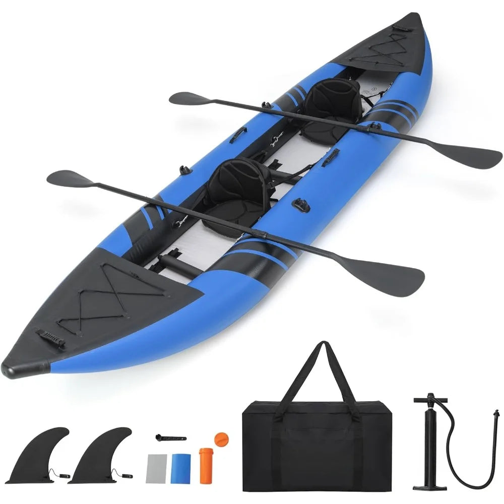 Inflatable Kayak with 507 LBS Weight Capacity, 2 Aluminium Oars, EVA Padded Seat, 2 Fins, Hand Pump, Portable Touring Kayaks