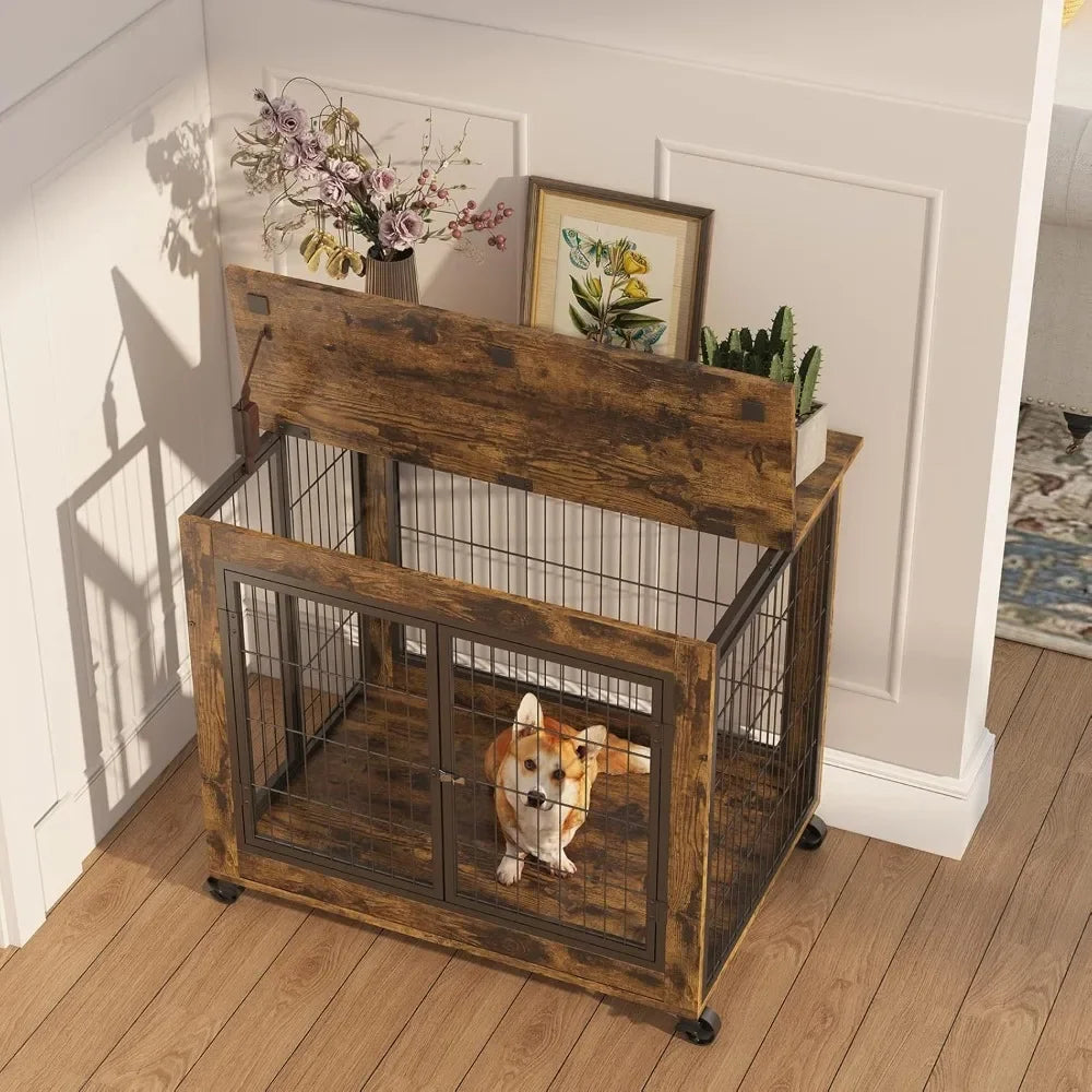Dog Crate Furniture, Wooden Dog Crate Table, 31.5" Dog Kennel with 3 Doors, Flip-up Top Opening and Wheels