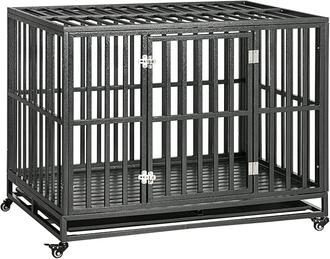 Heavy Duty Dog Crate Metal Kennel and Cage Dog Playpen with Lockable Wheels, Slide-Out Tray and Anti-Pinching Floor