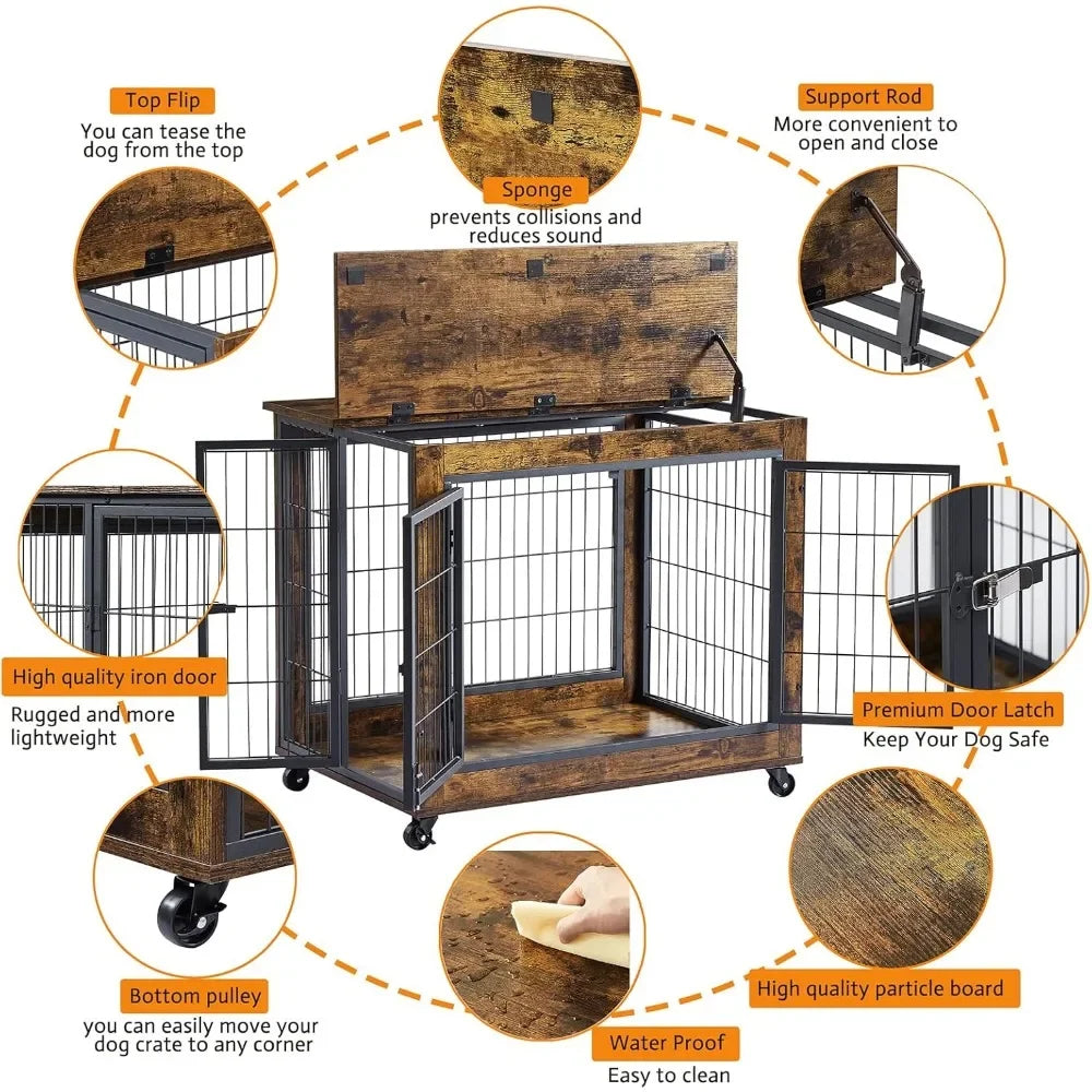 Dog Crate Furniture, Wooden Dog Crate Table, 31.5" Dog Kennel with 3 Doors, Flip-up Top Opening and Wheels