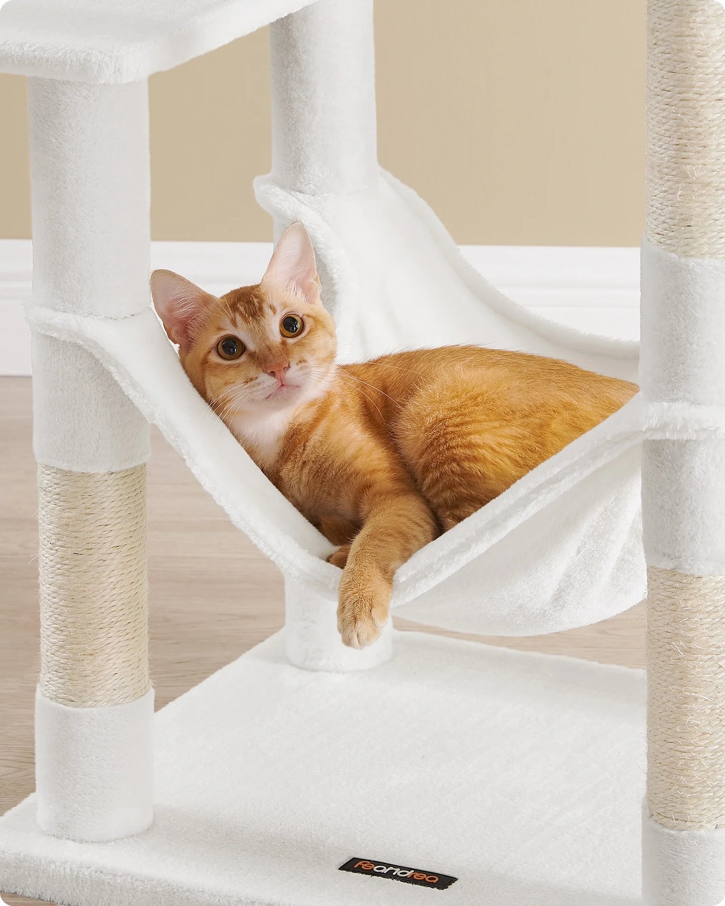 Feandrea pink Large Multi-level Cat Trees & Scratcher with Hammock Luxury Wood Pet Cat Tree Tower