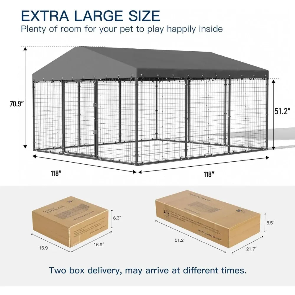 Large Outdoor Dog Kennel, Heavy Duty Dog Cage with Roof, Galvanized Steel Dog Kennel Fence with Double Safety Locks, Kennels