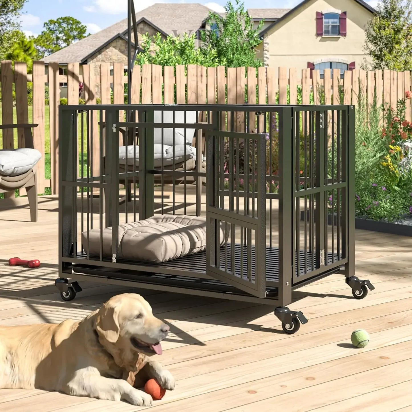 Heavy Duty Dog Crate, Folding Dog Kennel No Assembly, Escape Proof Large Dog Cage Kennel with Lockable Wheels