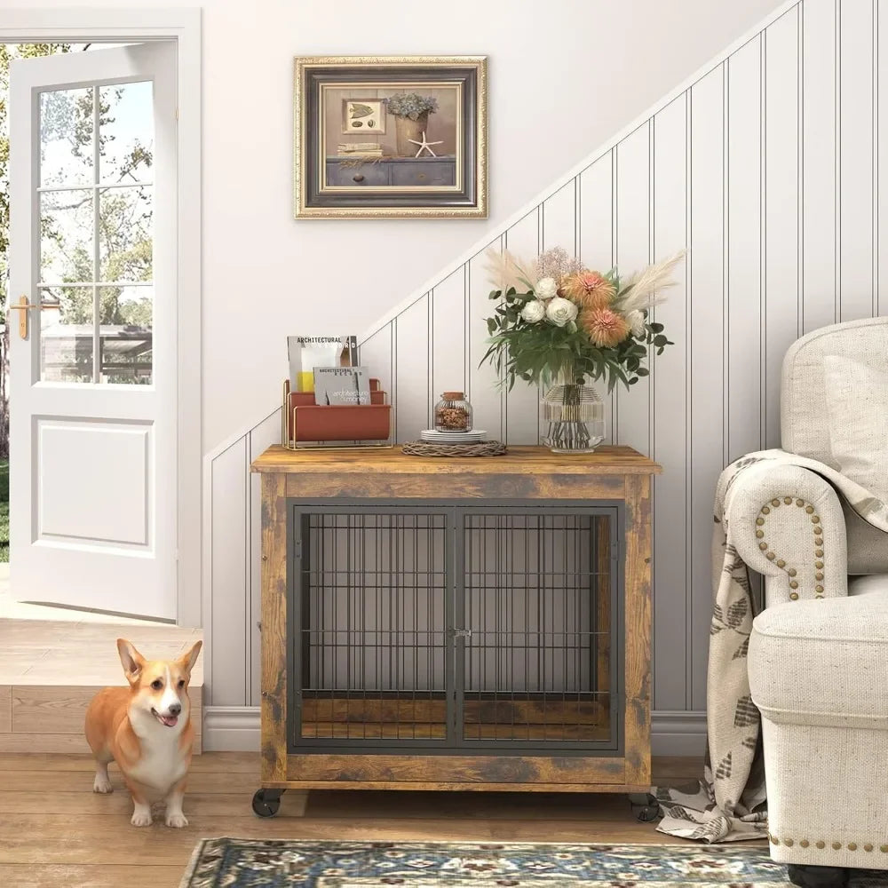 Dog Crate Furniture, Wooden Dog Crate Table, 31.5" Dog Kennel with 3 Doors, Flip-up Top Opening and Wheels