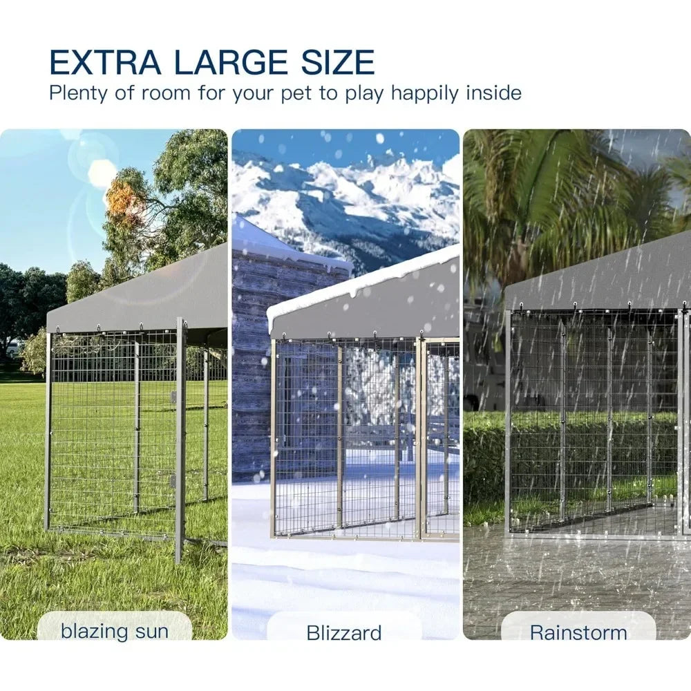 Large Outdoor Dog Kennel, Heavy Duty Dog Cage with Roof, Galvanized Steel Dog Kennel Fence with Double Safety Locks, Kennels