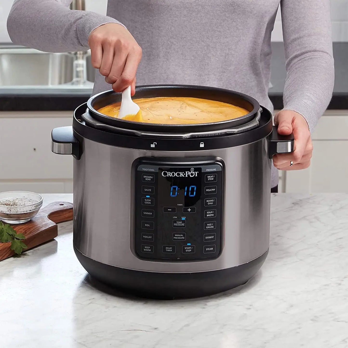8-Quart Multi-Use XL Express Crock Programmable Slow Cooker and Pressure Cooker with Manual Pressure, Boil & Simmer, B