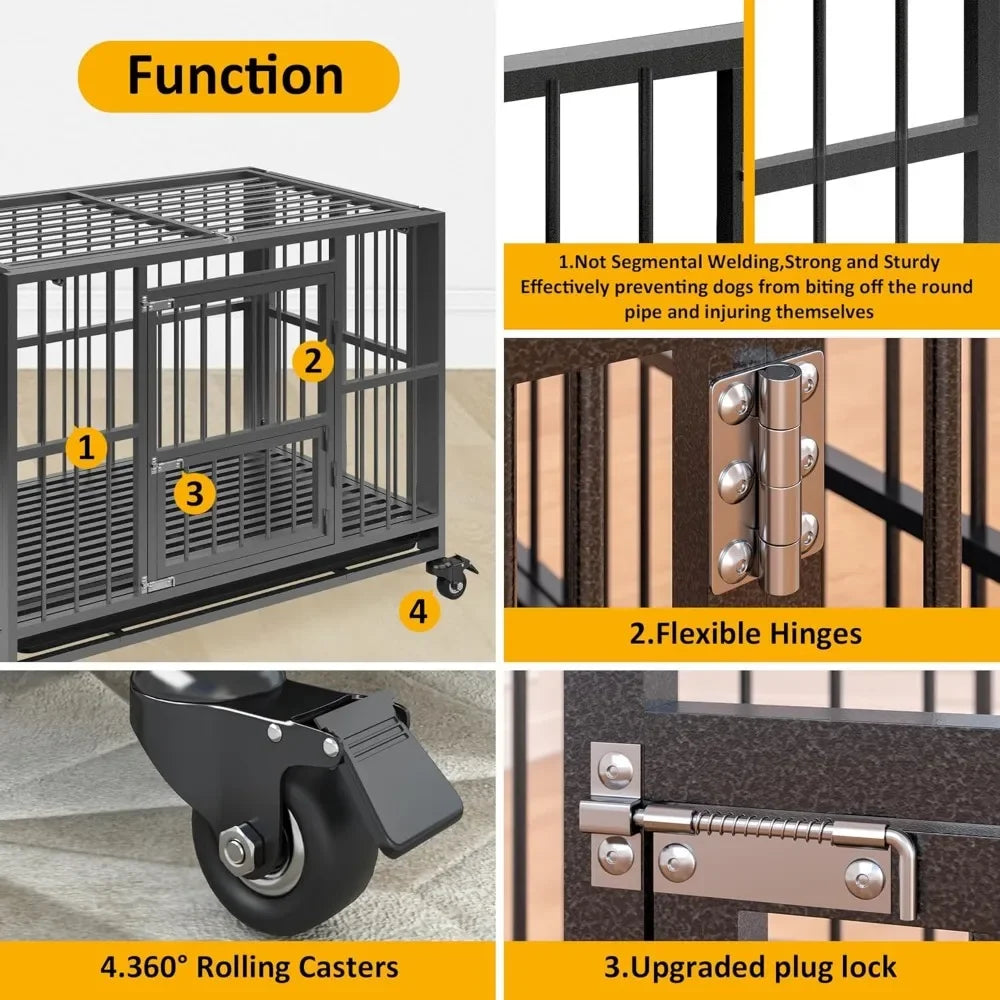 Heavy Duty Dog Crate, Folding Dog Kennel No Assembly, Escape Proof Large Dog Cage Kennel with Lockable Wheels