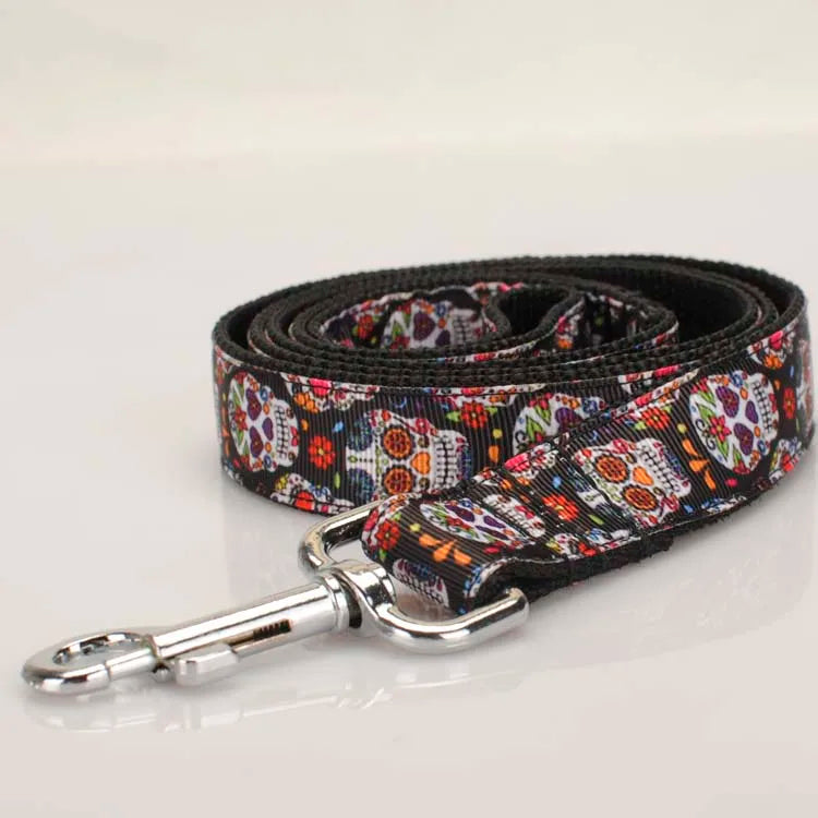 1"25mm Tattoo Skulls Dog Collar,dog leash,safety belt ,1 inch black Sugar Skulls Dog Collar 2 size avaiable