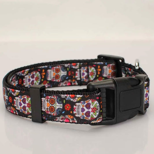 1"25mm Tattoo Skulls Dog Collar,dog leash,safety belt ,1 inch black Sugar Skulls Dog Collar 2 size avaiable