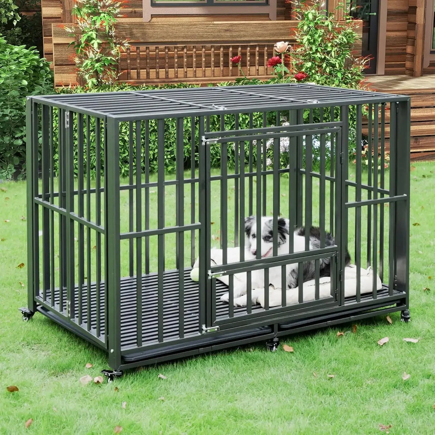 Heavy Duty Dog Crate, Folding Dog Kennel No Assembly, Escape Proof Large Dog Cage Kennel with Lockable Wheels