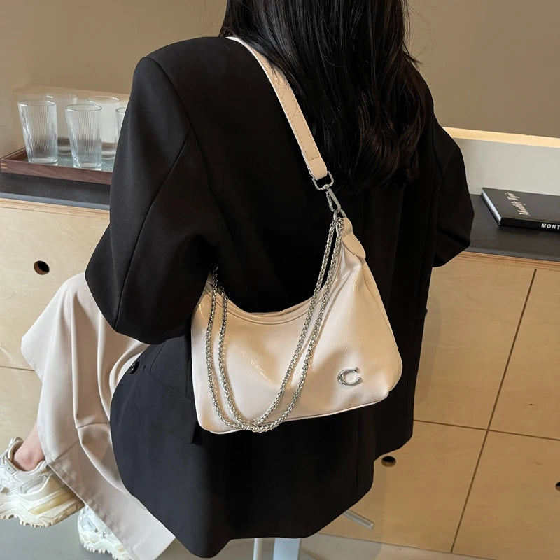 Women PU Casual Tote Handbag Large Capacity Chain Sling Bag Zipper Closure Elegant Underarm Bag Multi-pockets Simple Satchel Bag