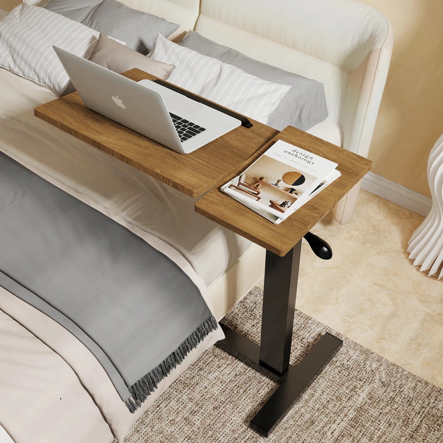 Adjustable Overbed Table with Wheels Split Top Tilting Bedside Bed Table with Tray Rolling Laptop Computer Standing