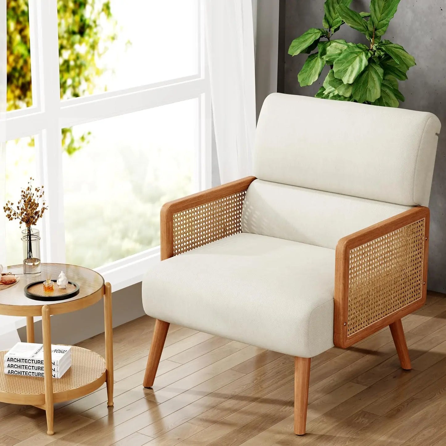 Accent Chairs Set of 2,Upholstered Rattan Armchair Mid Century Modern Living Room Chair Reading Chairs