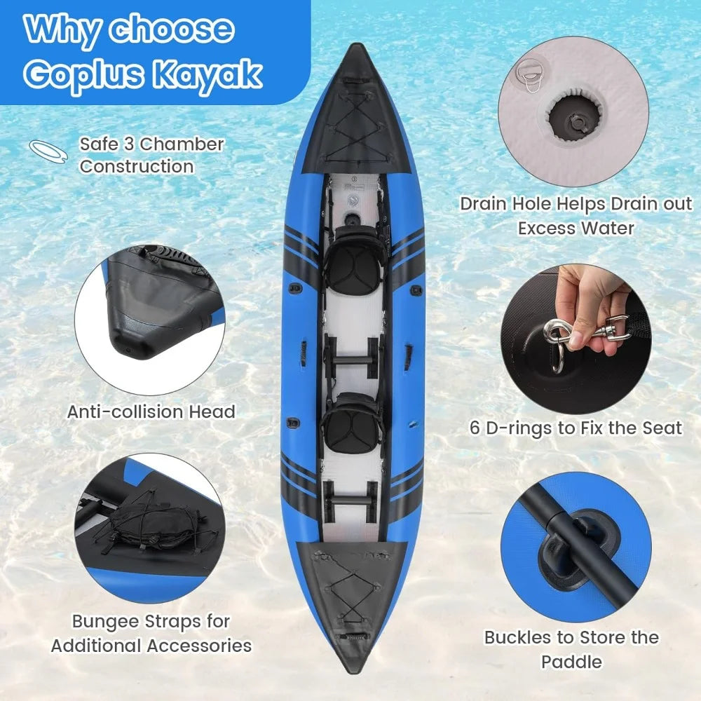 Inflatable Kayak with 507 LBS Weight Capacity, 2 Aluminium Oars, EVA Padded Seat, 2 Fins, Hand Pump, Portable Touring Kayaks