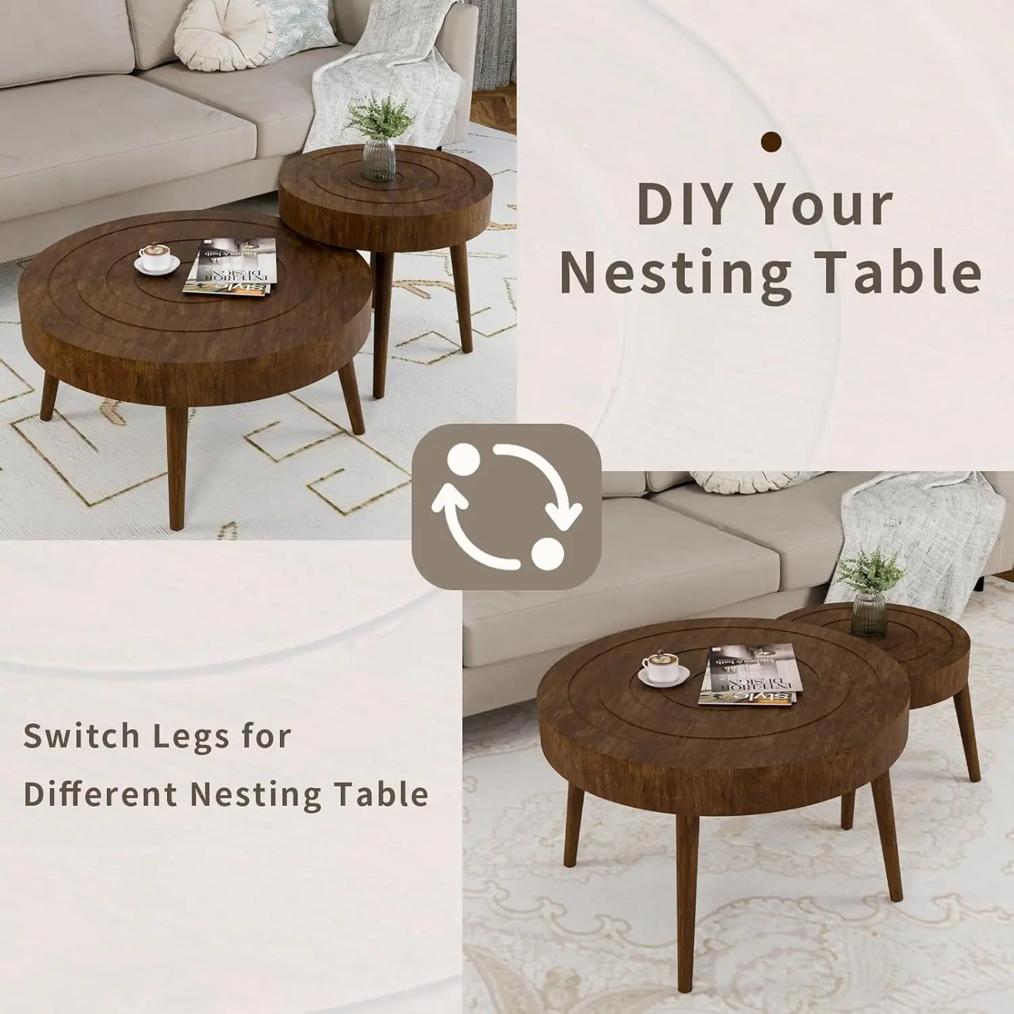 Nesting Coffee Tables w Wood Grain Finish, 2 Pieces Living Room Tea Table Sets w Wood Legs