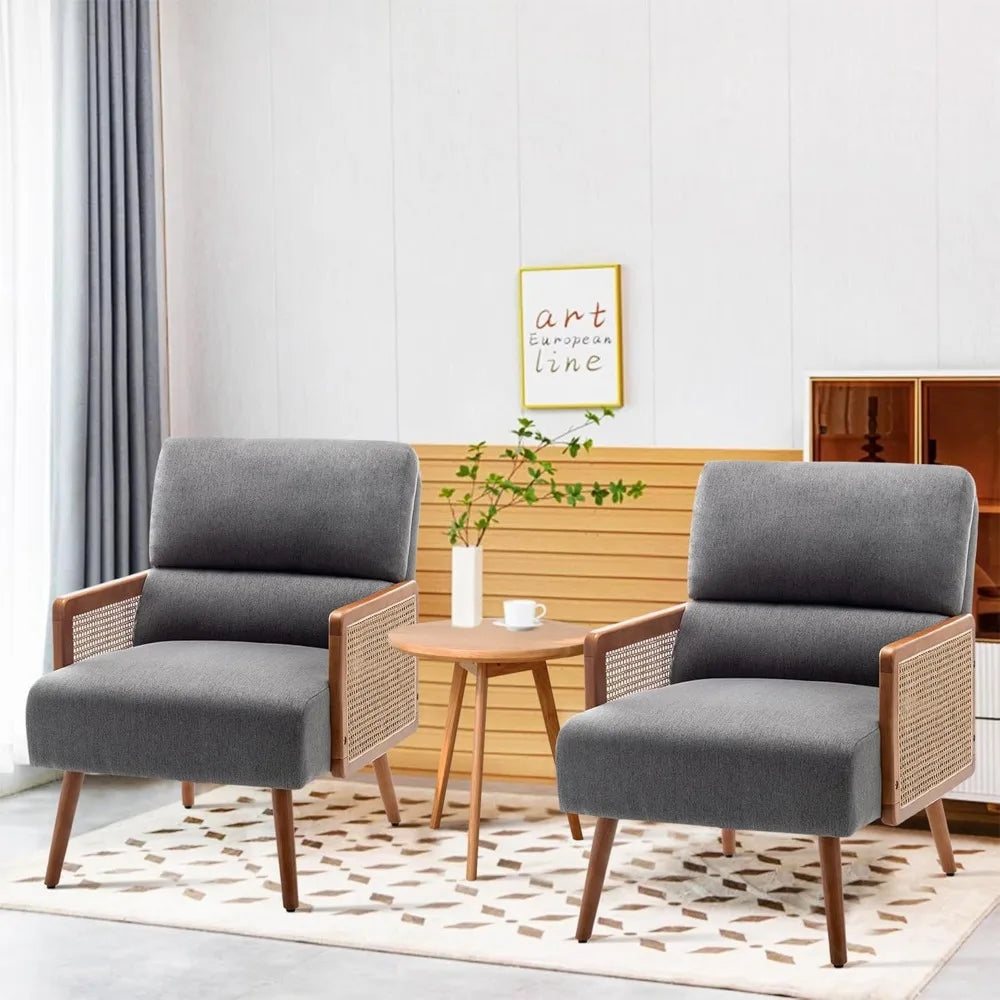 Accent Chairs Set of 2,Upholstered Rattan Armchair Mid Century Modern Living Room Chair Reading Chairs