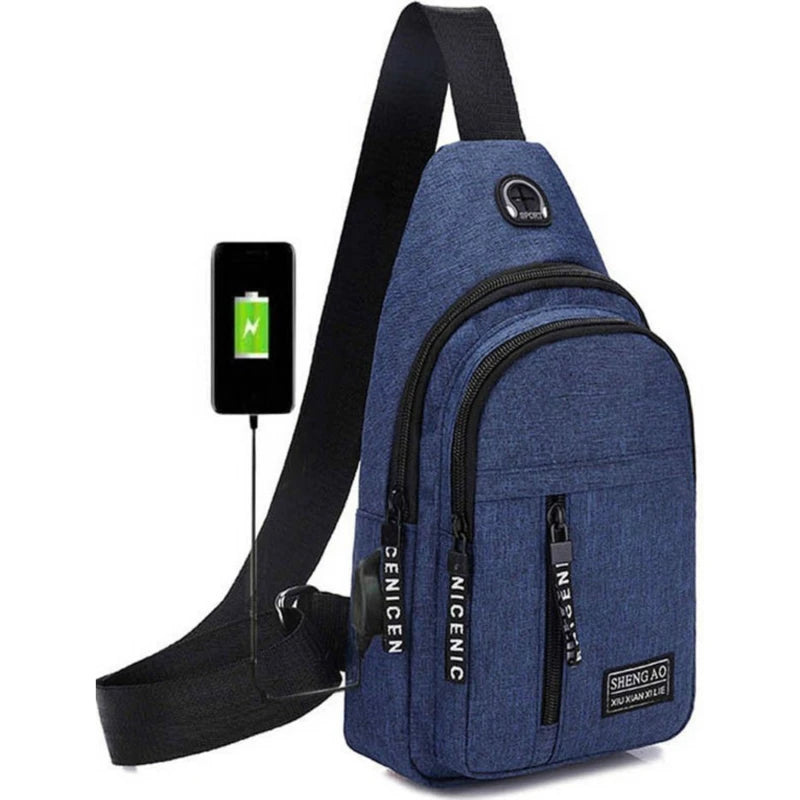Men Shoulder Bags USB Charging Earphones Cable Hole Crossbody Bags for Men Anti Theft Sports Chest Bag Short Trip Messengers Bag