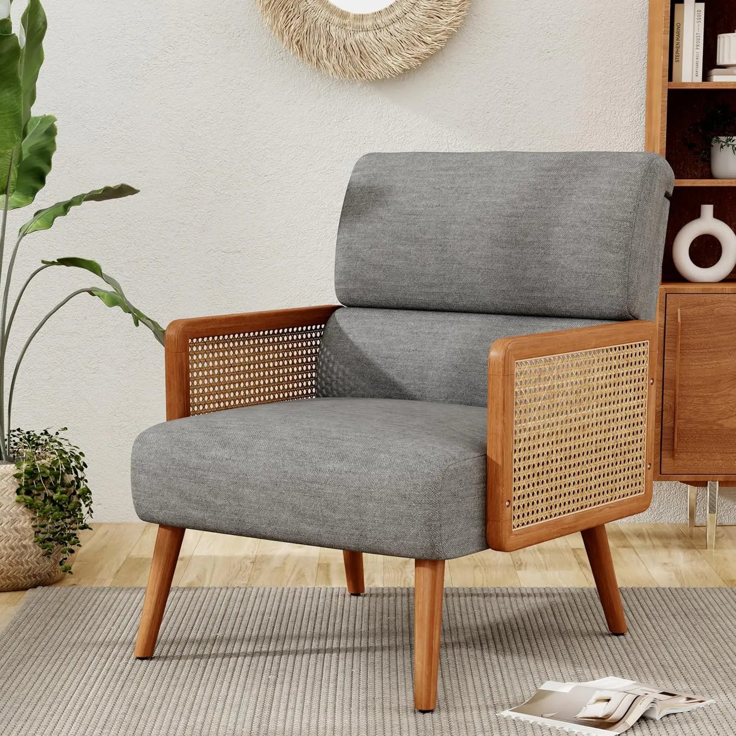 Accent Chairs Set of 2,Upholstered Rattan Armchair Mid Century Modern Living Room Chair Reading Chairs