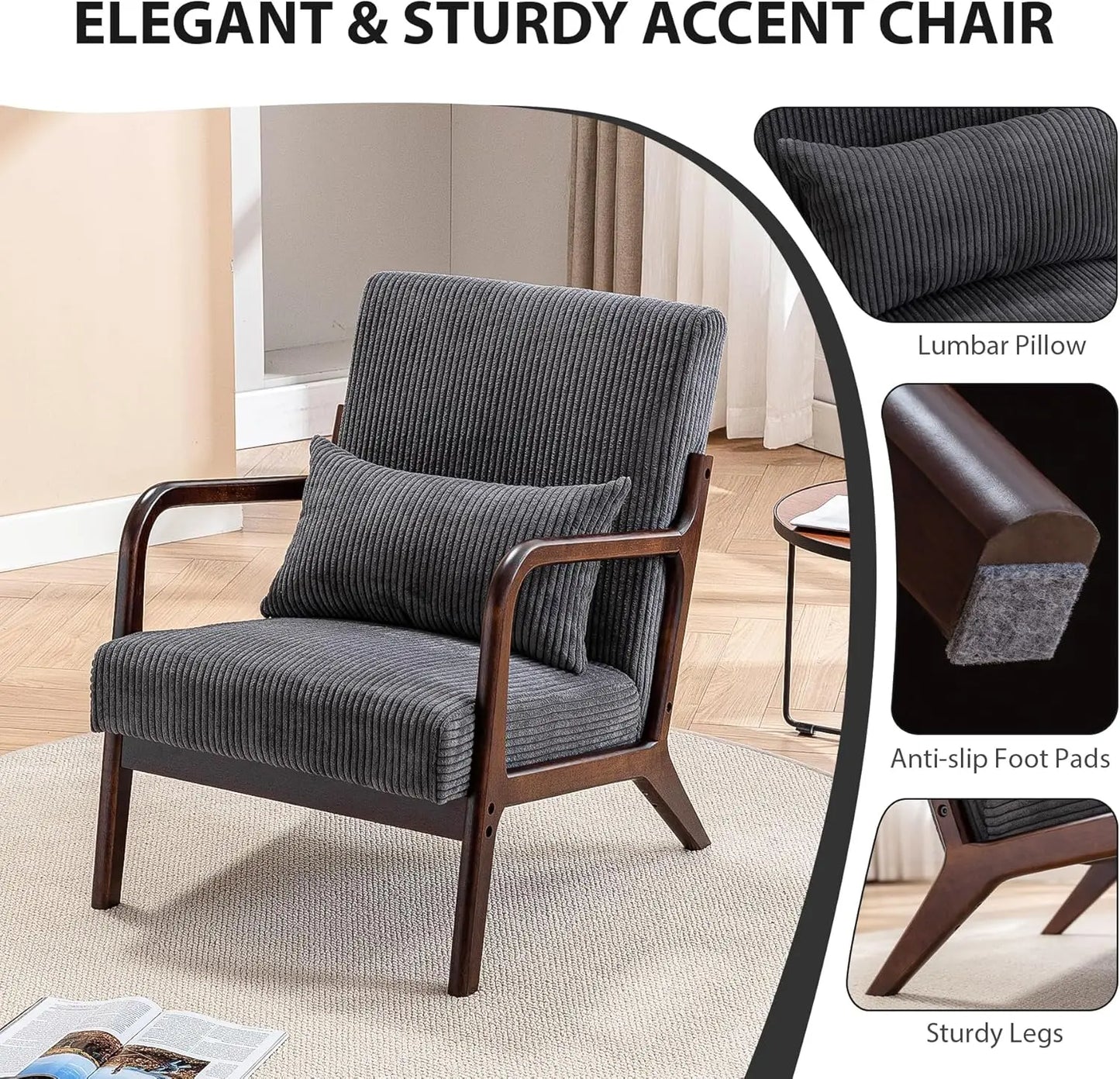 Mid Century Modern Accent Chair, Arm Chair Living Room Chairs with Lumbar Pillow Upholstered Lounge Reading Chair