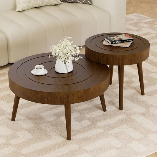 Nesting Coffee Tables w Wood Grain Finish, 2 Pieces Living Room Tea Table Sets w Wood Legs