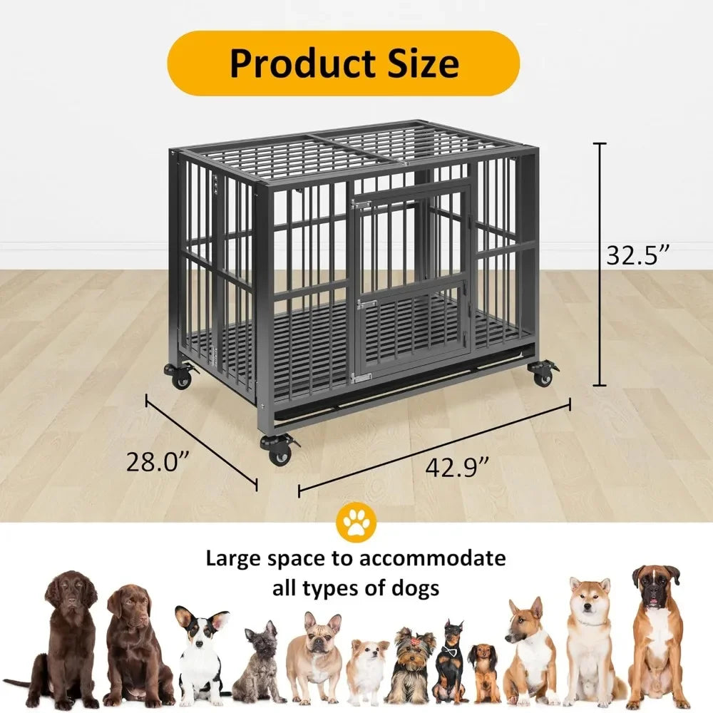 Heavy Duty Dog Crate, Folding Dog Kennel No Assembly, Escape Proof Large Dog Cage Kennel with Lockable Wheels