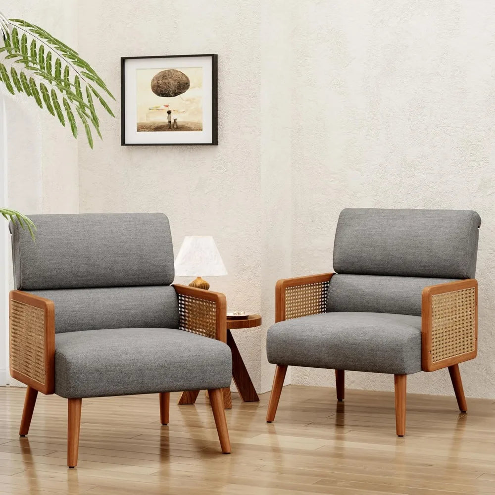 Accent Chairs Set of 2,Upholstered Rattan Armchair Mid Century Modern Living Room Chair Reading Chairs