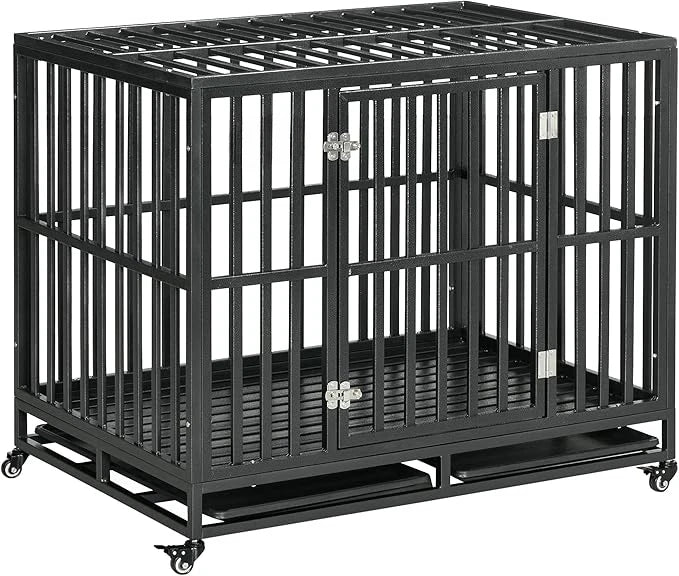 Heavy Duty Dog Crate Metal Kennel and Cage Dog Playpen with Lockable Wheels, Slide-Out Tray and Anti-Pinching Floor