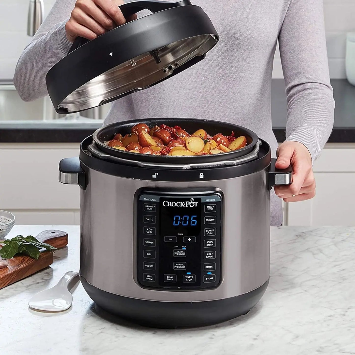 8-Quart Multi-Use XL Express Crock Programmable Slow Cooker and Pressure Cooker with Manual Pressure, Boil & Simmer, B