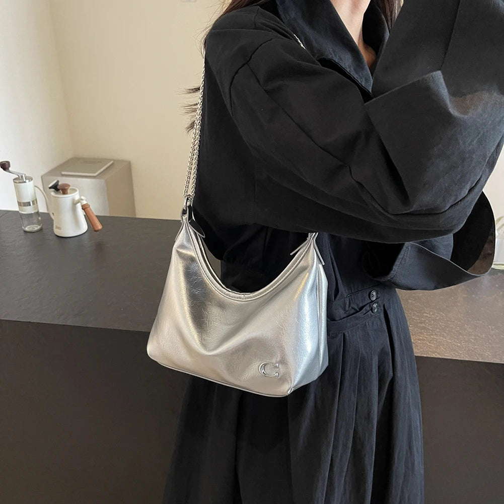 Women PU Casual Tote Handbag Large Capacity Chain Sling Bag Zipper Closure Elegant Underarm Bag Multi-pockets Simple Satchel Bag