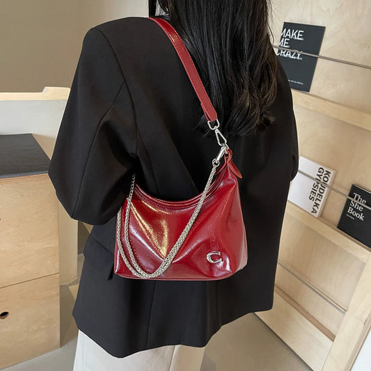 Women PU Casual Tote Handbag Large Capacity Chain Sling Bag Zipper Closure Elegant Underarm Bag Multi-pockets Simple Satchel Bag