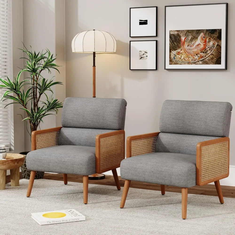Accent Chairs Set of 2,Upholstered Rattan Armchair Mid Century Modern Living Room Chair Reading Chairs