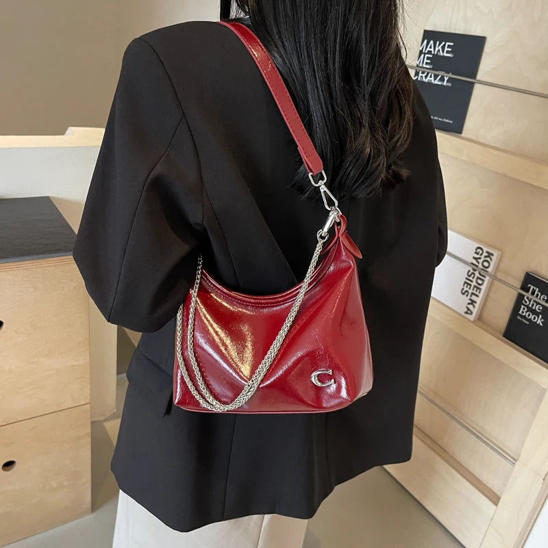Women PU Casual Tote Handbag Large Capacity Chain Sling Bag Zipper Closure Elegant Underarm Bag Multi-pockets Simple Satchel Bag