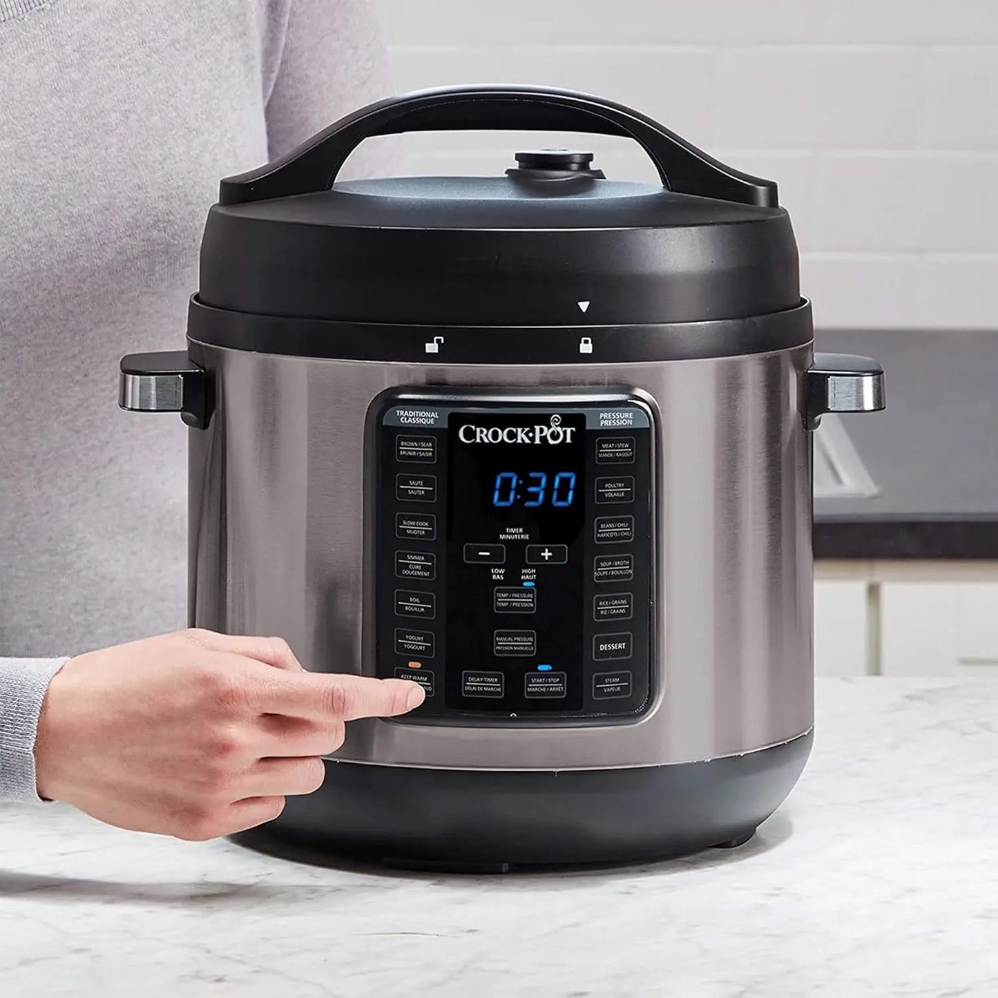 8-Quart Multi-Use XL Express Crock Programmable Slow Cooker and Pressure Cooker with Manual Pressure, Boil & Simmer, B