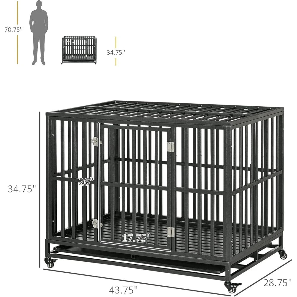 Heavy Duty Dog Crate Metal Kennel and Cage Dog Playpen with Lockable Wheels, Slide-Out Tray and Anti-Pinching Floor