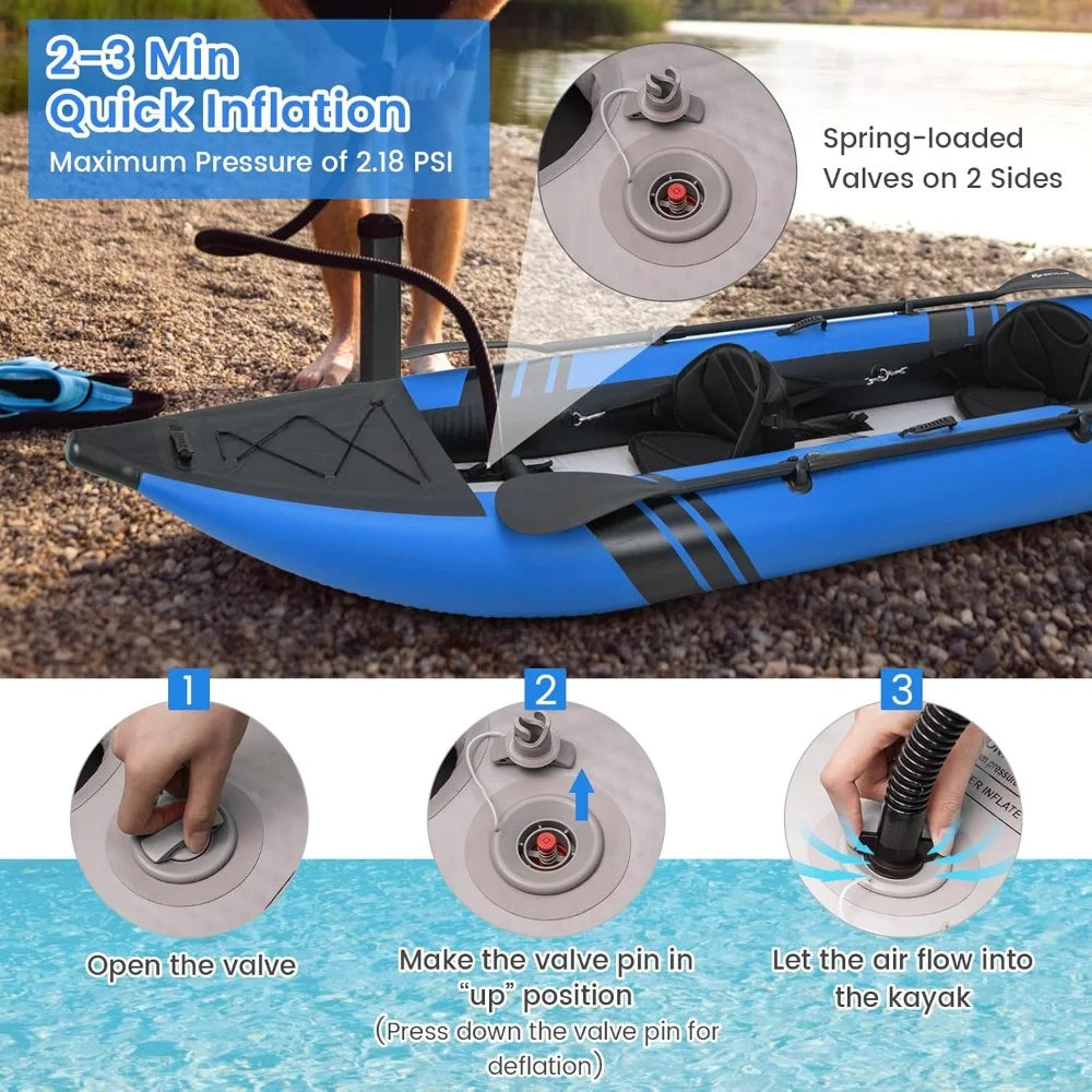 Inflatable Kayak with 507 LBS Weight Capacity, 2 Aluminium Oars, EVA Padded Seat, 2 Fins, Hand Pump, Portable Touring Kayaks