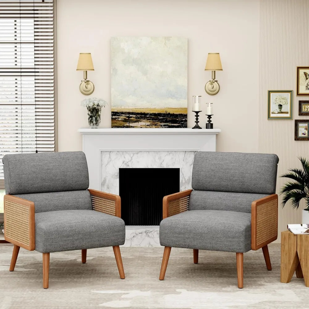 Accent Chairs Set of 2,Upholstered Rattan Armchair Mid Century Modern Living Room Chair Reading Chairs