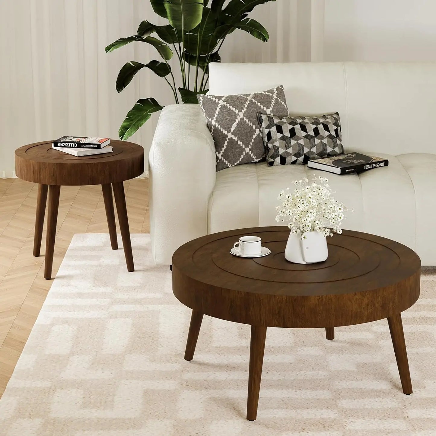 Nesting Coffee Tables w Wood Grain Finish, 2 Pieces Living Room Tea Table Sets w Wood Legs