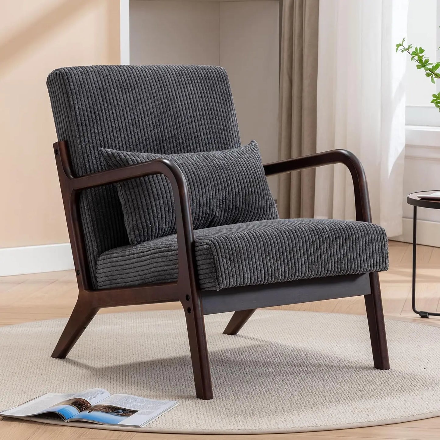 Mid Century Modern Accent Chair, Arm Chair Living Room Chairs with Lumbar Pillow Upholstered Lounge Reading Chair