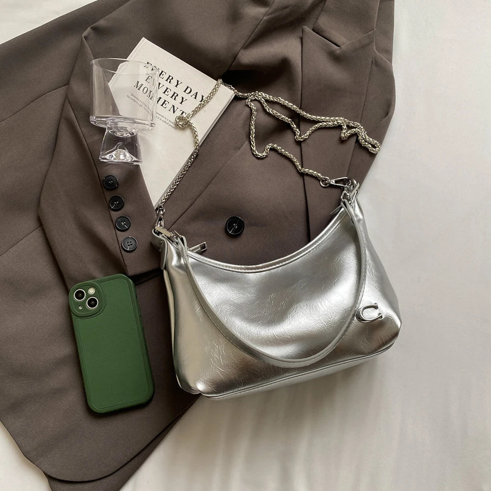 Women PU Casual Tote Handbag Large Capacity Chain Sling Bag Zipper Closure Elegant Underarm Bag Multi-pockets Simple Satchel Bag