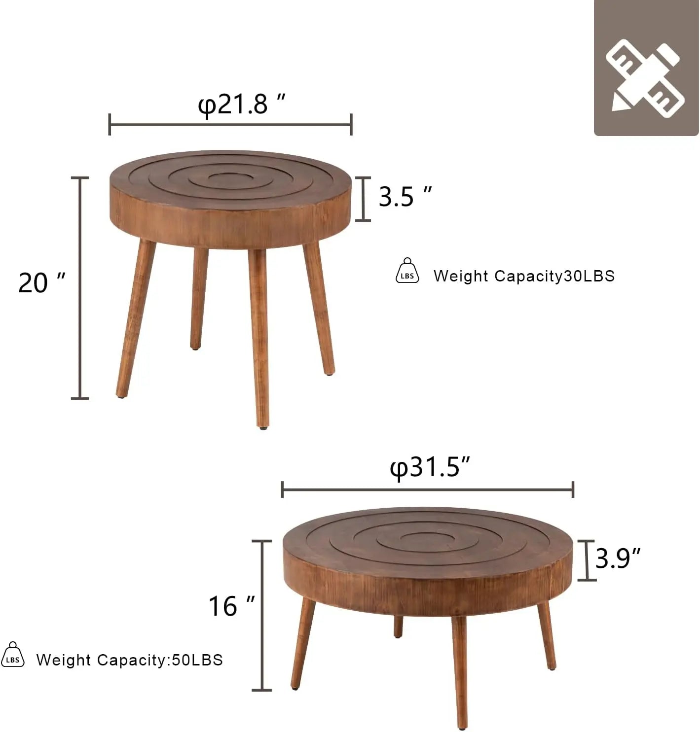 Nesting Coffee Tables w Wood Grain Finish, 2 Pieces Living Room Tea Table Sets w Wood Legs