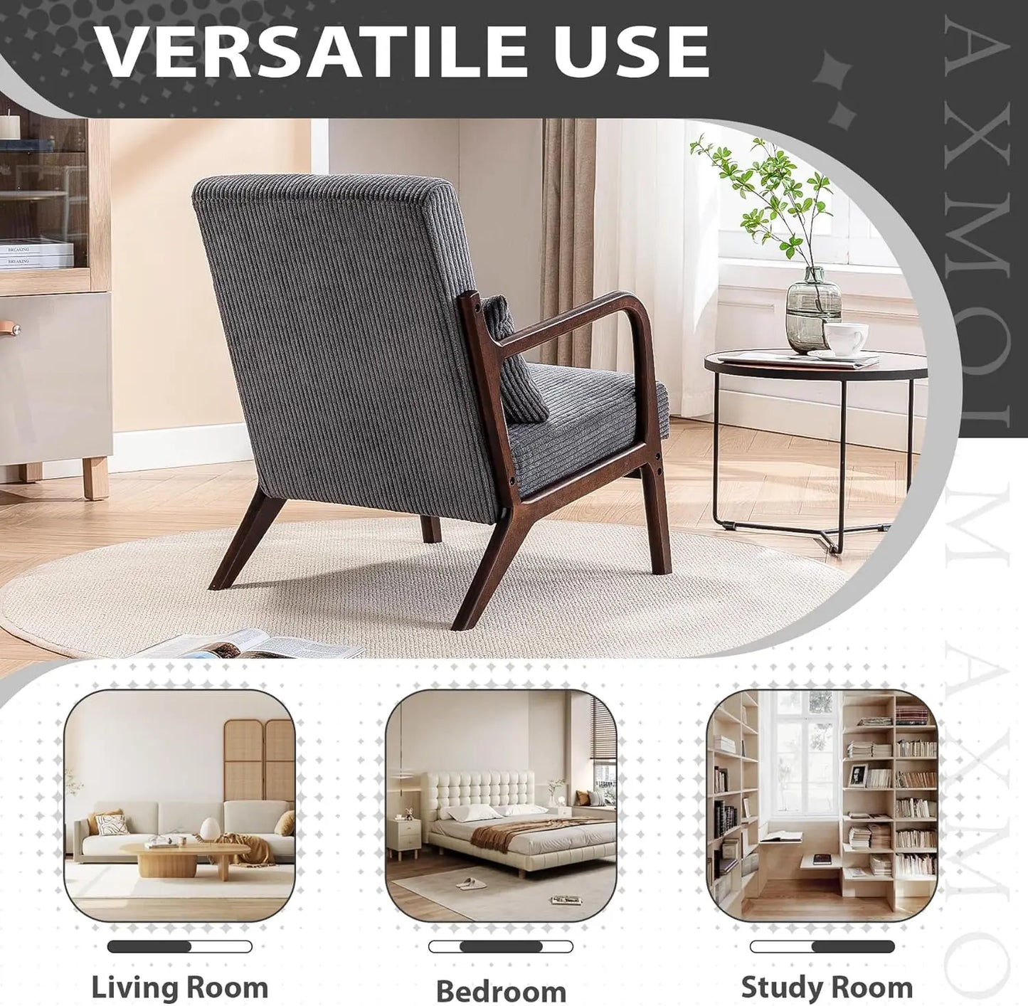 Mid Century Modern Accent Chair, Arm Chair Living Room Chairs with Lumbar Pillow Upholstered Lounge Reading Chair