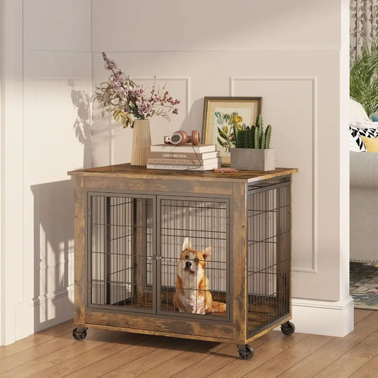 Dog Crate Furniture, Wooden Dog Crate Table, 31.5" Dog Kennel with 3 Doors, Flip-up Top Opening and Wheels